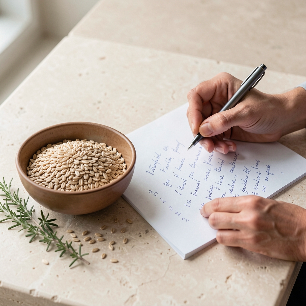 Nutrition writer reviewing handwritten notes beside a bowl of whole grains and herbs on a pale stone surface