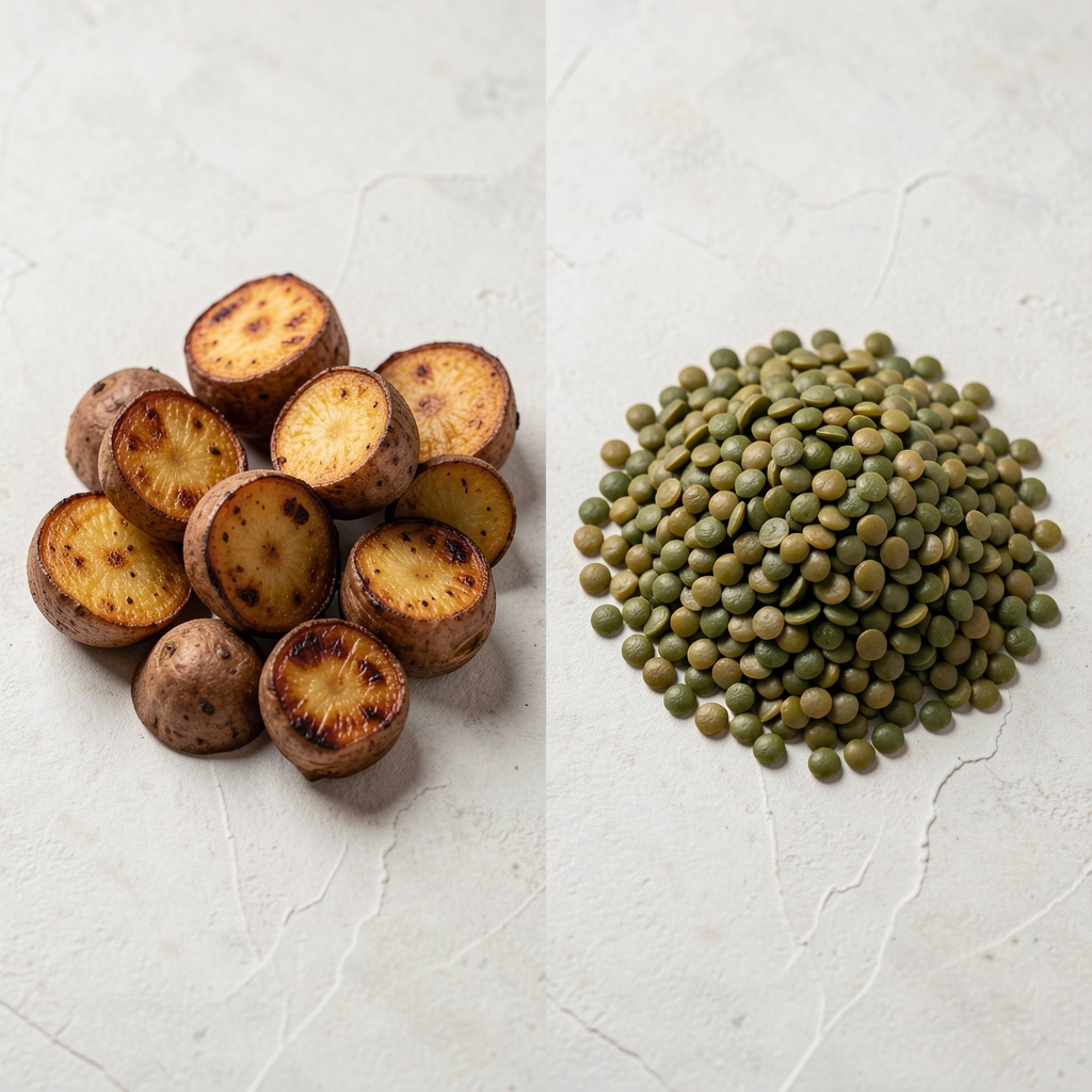 Side-by-side arrangement of skin-on roasted root vegetables and a portion of cooked green lentils on a pale textured surface