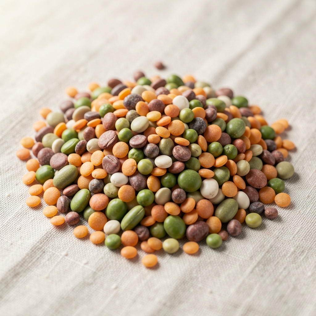 Close-up of mixed legumes and lentils in natural light on a pale linen surface, editorial food composition