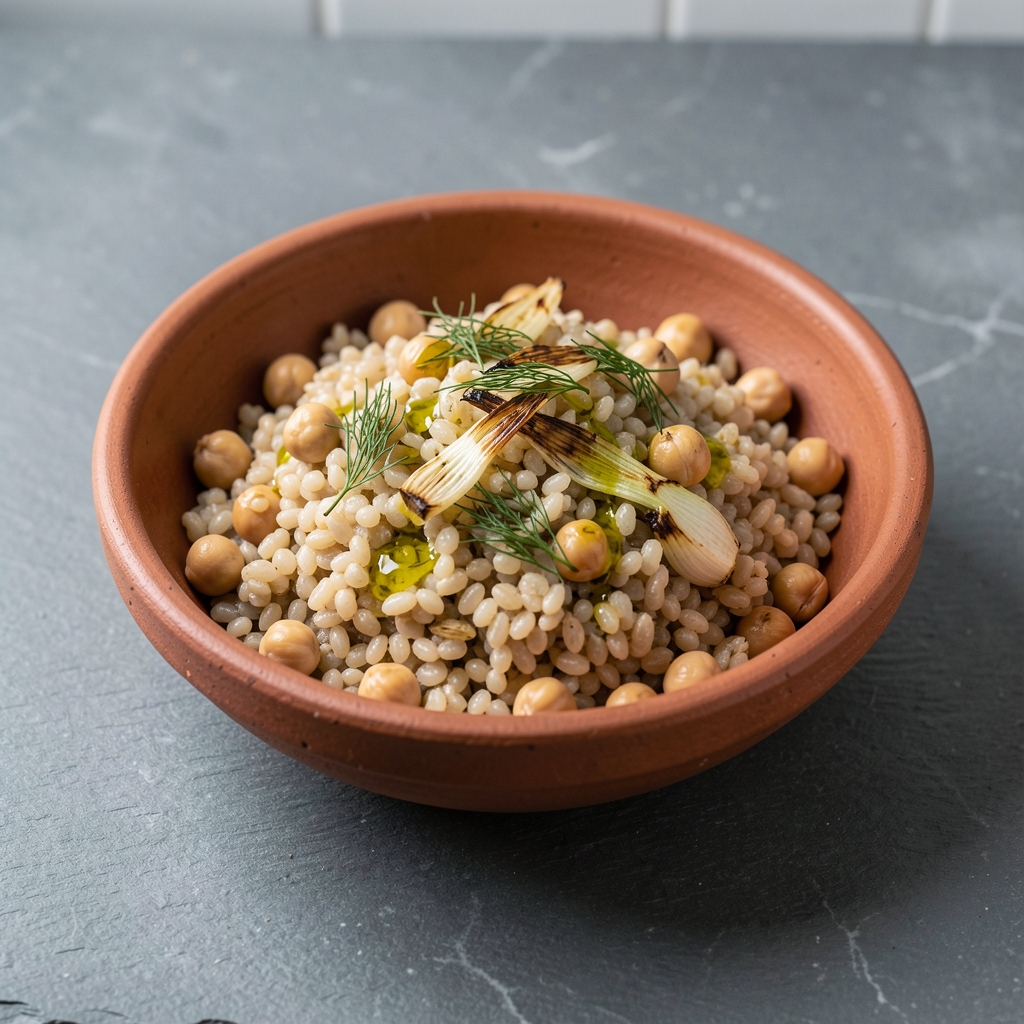 Earthenware bowl of cooked farro with chickpeas, roasted fennel fronds and a drizzle of olive oil on a slate grey kitchen counter
