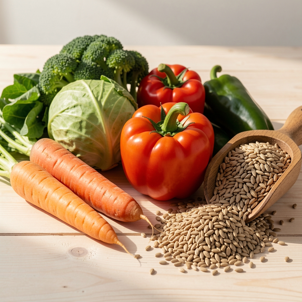 Seasonal vegetables and whole grains arranged on a pale wooden surface, natural morning light composition